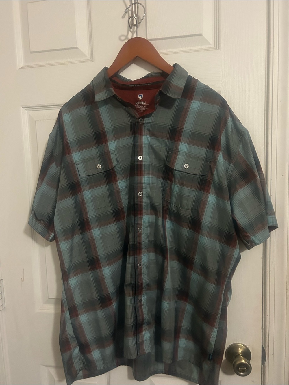 Kuhl Short-Sleeve Plaid Button-Down Shirt in Teal & Brown